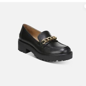 Sam Edelman Taelor Black Leather Loafers with Gold Chain Accent. Size 7 1/2